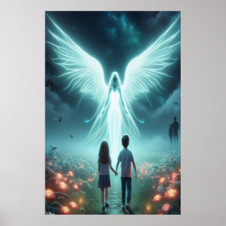 Affiche Ange gardien + Deux enfants marchant sur un chemin