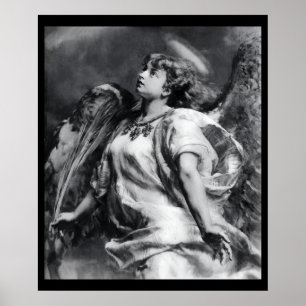 AFFICHE ANGE GARDIEN ROMANTIQUE AVEC PLUME EN NOIR ET BLAN