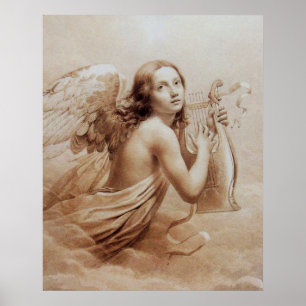 Affiche ANGE JOUER LYRA SUR LES NUAGES Brown Sepia