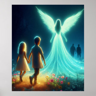 Affiche Ange protégeant deux petits enfants la nuit