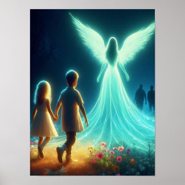 Affiche Ange protégeant deux petits enfants la nuit (Devant)