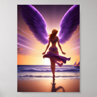 Affiche Angel debout sur une plage, ailes violettes