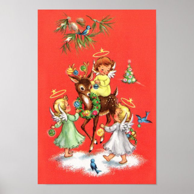 Affiche Anges et rennes de Noël rétro vintage (Devant)
