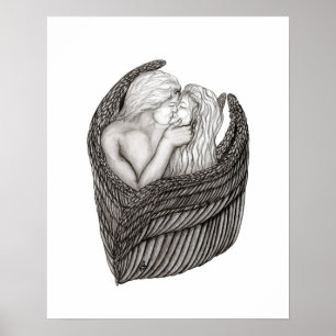Affiche Anges qui s'embrassent, design noir et blanc