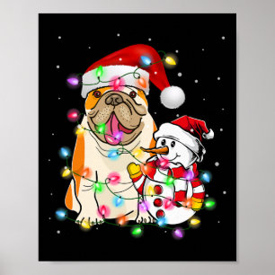 Affiche Anglais Chien Chien Snowman Santa Hat Lumières