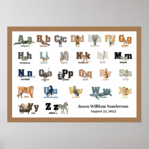 Affiche Animal Alphabet Nursery Nom de l'enfant 28 x 20