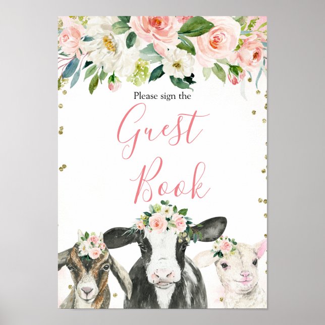 Affiche Animal de ferme Floral Girl Baby shower Livre d'in (Devant)