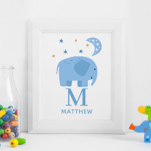 Affiche Animal d'éléphant bleu. Baby boy monogram nursery