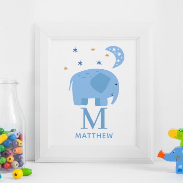 Affiche Animal d'éléphant bleu. Baby boy monogram nursery (Créateur téléchargé)