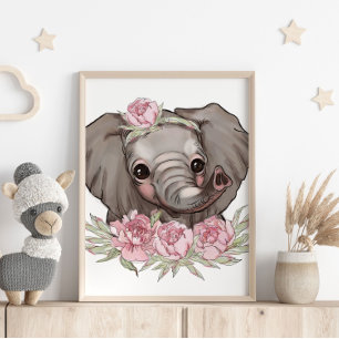 Affiche Animale Eléphant Bébé Rose   Impression Mu