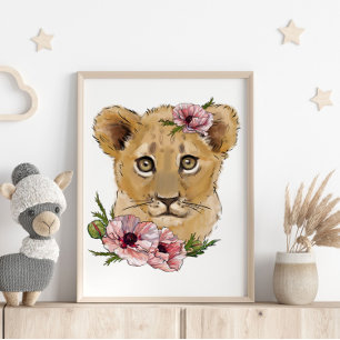 Affiche Animale Lion Rose Bébé   Impression Murale