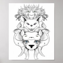 Animals totem black and white line art drawing