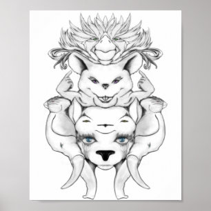 Affiche Animals totem black and white line art drawing