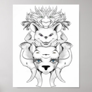 Affiche Animals totem black and white line art drawing