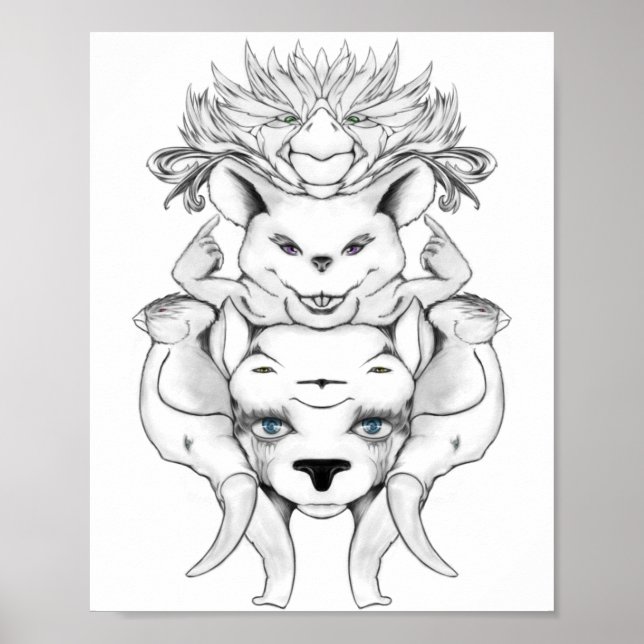 Affiche Animals totem black and white line art drawing (Devant)