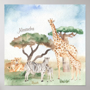 Affiche Animaux africains maman et bébé à l'aquarelle