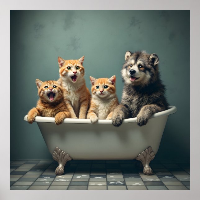 Affiche Animaux amusants dans la baignoire (Devant)