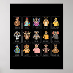 Affiche Animaux ASL Gesture à la main Animaux Sourds Perte