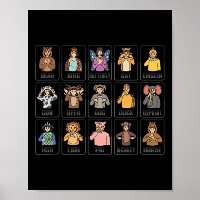 Affiche Animaux ASL Gesture à la main Animaux Sourds Perte (Devant)