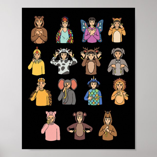 Affiche Animaux ASL Gesture mains Sourdes Perte auditive A (Devant)