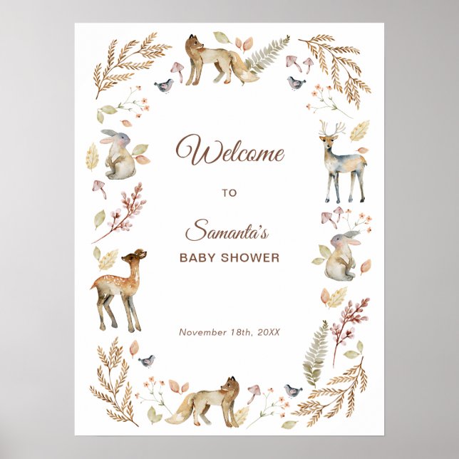 Affiche Animaux Baby shower boisé Bienvenue (Devant)