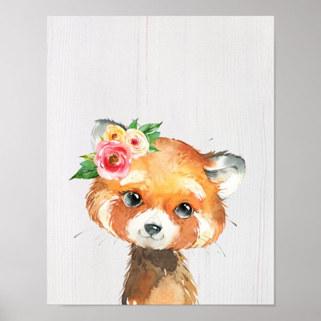Affiche Animaux bébé panda roux floral aquarelle (Devant)