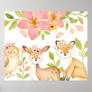 Affiche Animaux boisés sauvages roses Botaniques