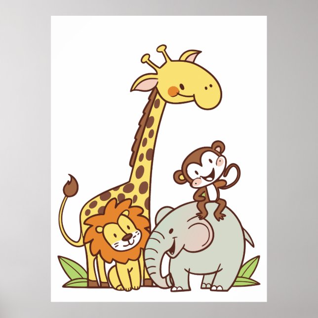 Affiche Animaux caricaturaux mignons - Giraffe, Lion & Sin (Devant)