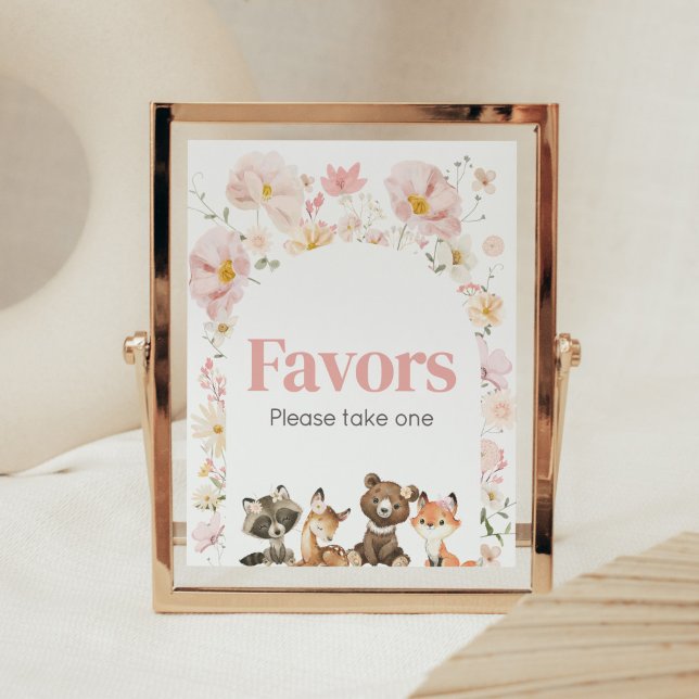 Affiche Animaux de bois rose Floral Baby shower Faveurs (Pink Flower Woodland Animals Baby Shower Favors Sign)