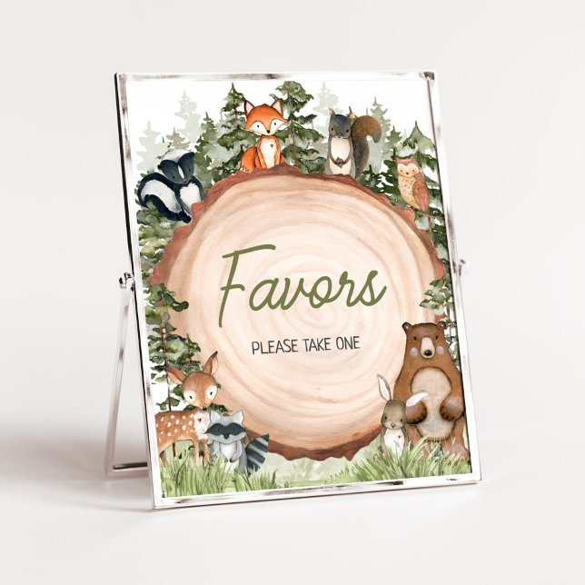 Affiche Animaux de bois Tranches de bois Faveurs (Boy Woodland Animals Baby Shower Favors Sign)