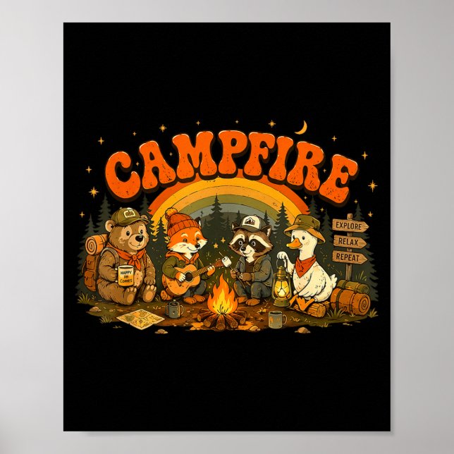 Affiche Animaux de camping feu de camp campeur aventure pl (Devant)
