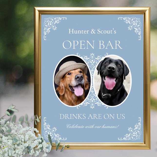 Affiche Animaux de compagnie Blue Coastal Chic Mariage Ope (dusty blue elegant wedding open bar sign for pet lovers with 2 dog cat photos and celebrate humans)