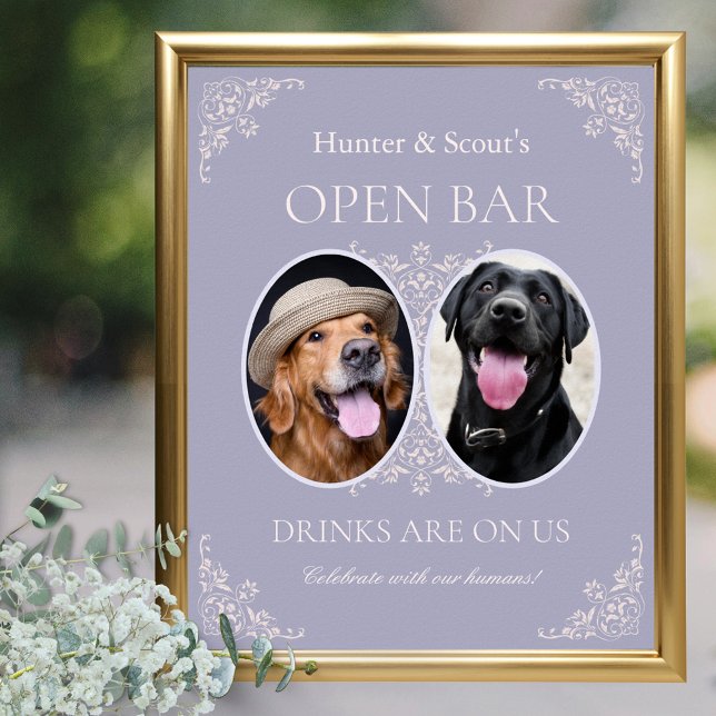 Affiche Animaux de compagnie Français Lilac Mariage Open B (Elegant french lilac wedding open bar sign for pet lovers 2 dog photos drinks on us for humans)