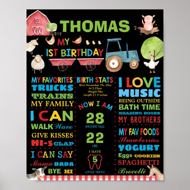 Affiche Animaux de ferme 1er anniversaire Jalon Statistiqu (Devant)