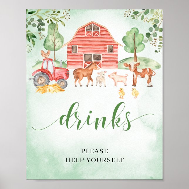 Affiche Animaux de ferme baby shower boissons panneau de d (Devant)