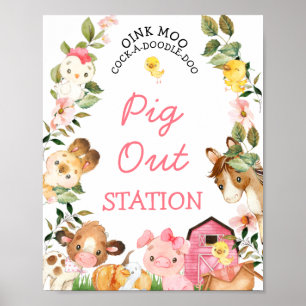 Affiche Animaux de ferme colorés Grange rose Anniversaire
