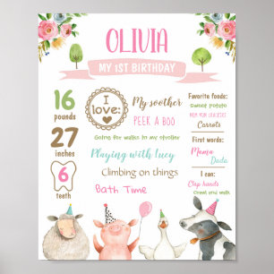 Affiche Animaux de ferme Grange Premier anniversaire Fille