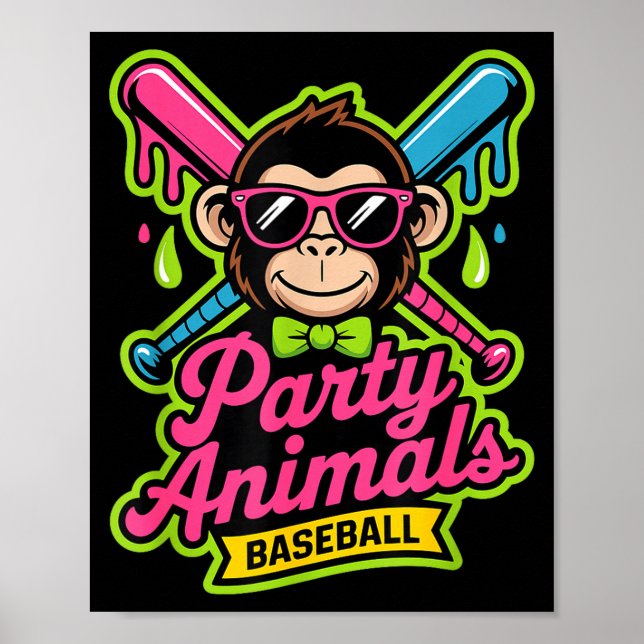 Affiche Animaux de fête baseball singe drôle slime vibrant (Devant)