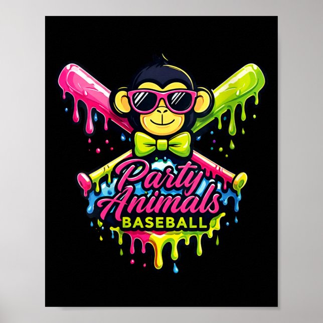 Affiche Animaux de fête de femmes baseball singe drôle  (Devant)