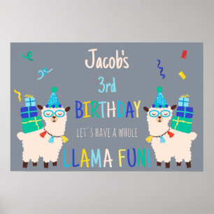 Affiche Animaux de fête Lama Anniversaire Garçons Gris