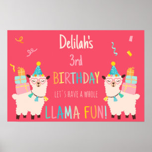 Affiche Animaux de Fête Llama Filles d'Anniversaire Rose