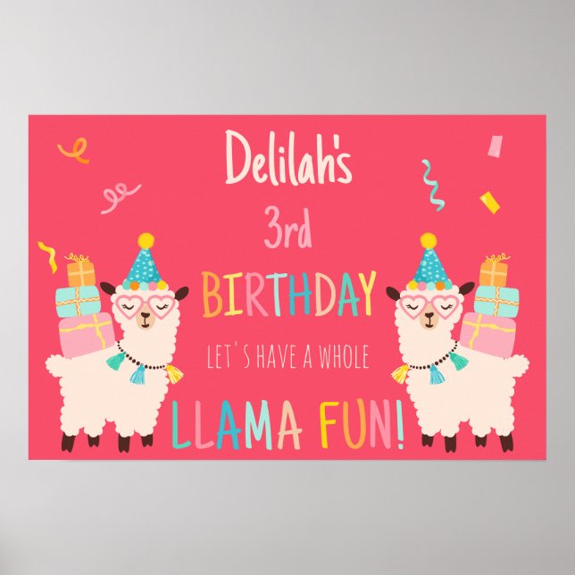 Affiche Animaux de Fête Llama Filles d'Anniversaire Rose (Devant)