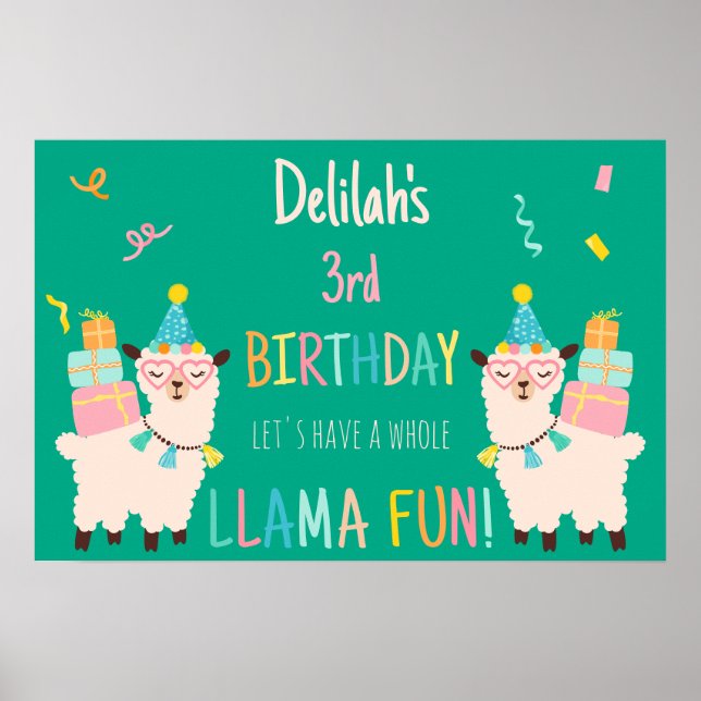 Affiche Animaux de Fête Llama Filles d'Anniversaire Vert (Devant)