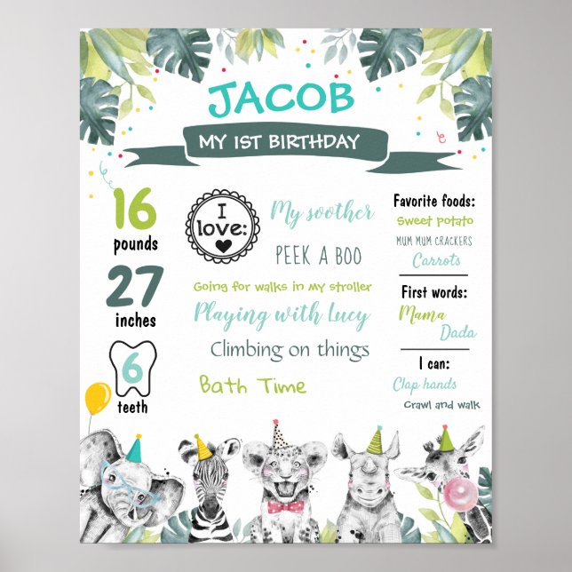 Affiche Animaux de fête Safari Premier anniversaire Jalons (Devant)