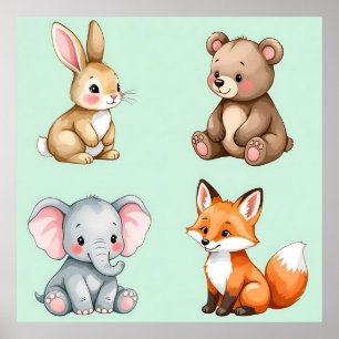 Affiche Animaux de la Forêt Bébés Adorables Aquarelle Past