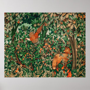Affiche ANIMAUX DE LA FORÊT Faisan Renard Rouge,Floral Ver