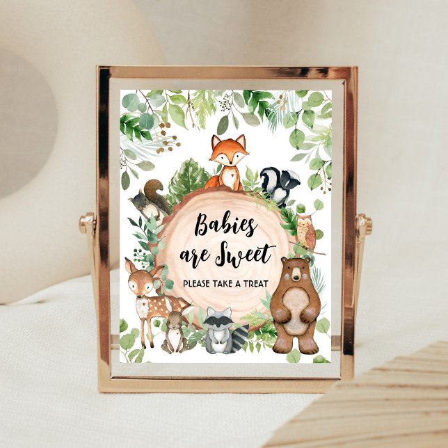 Affiche Animaux de la forêt Fête de naissance Bébés sont d (Wood Slice Woodland Baby Shower Babies are Sweet Sign)