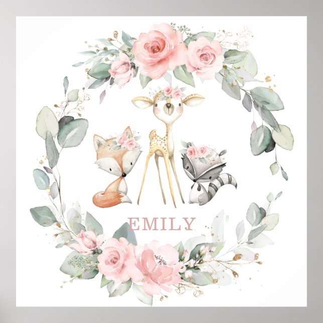 Affiche Animaux de la forêt Papier peint floral rose de fe (Devant)