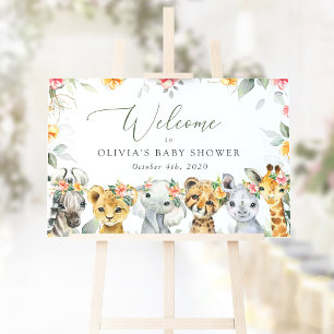 Affiche Animaux de la jungle, Fleurs, Baby shower d'accuei