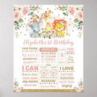 Animaux de la jungle florale rose 1er anniversaire